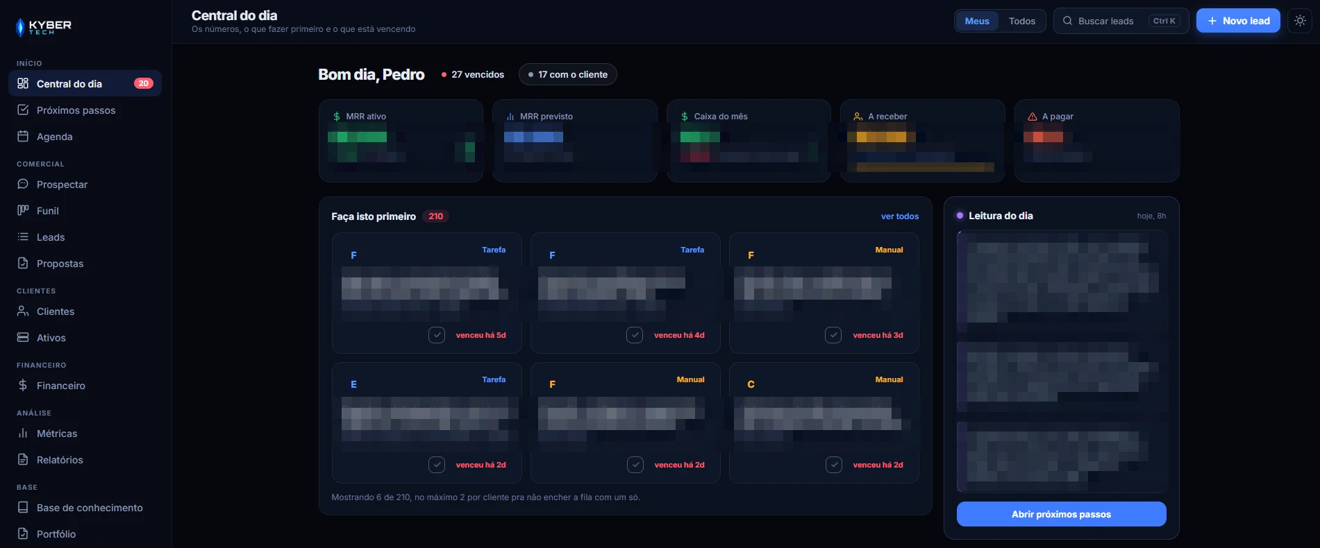 Central do Kyber CRM com informações comerciais e de clientes ocultadas